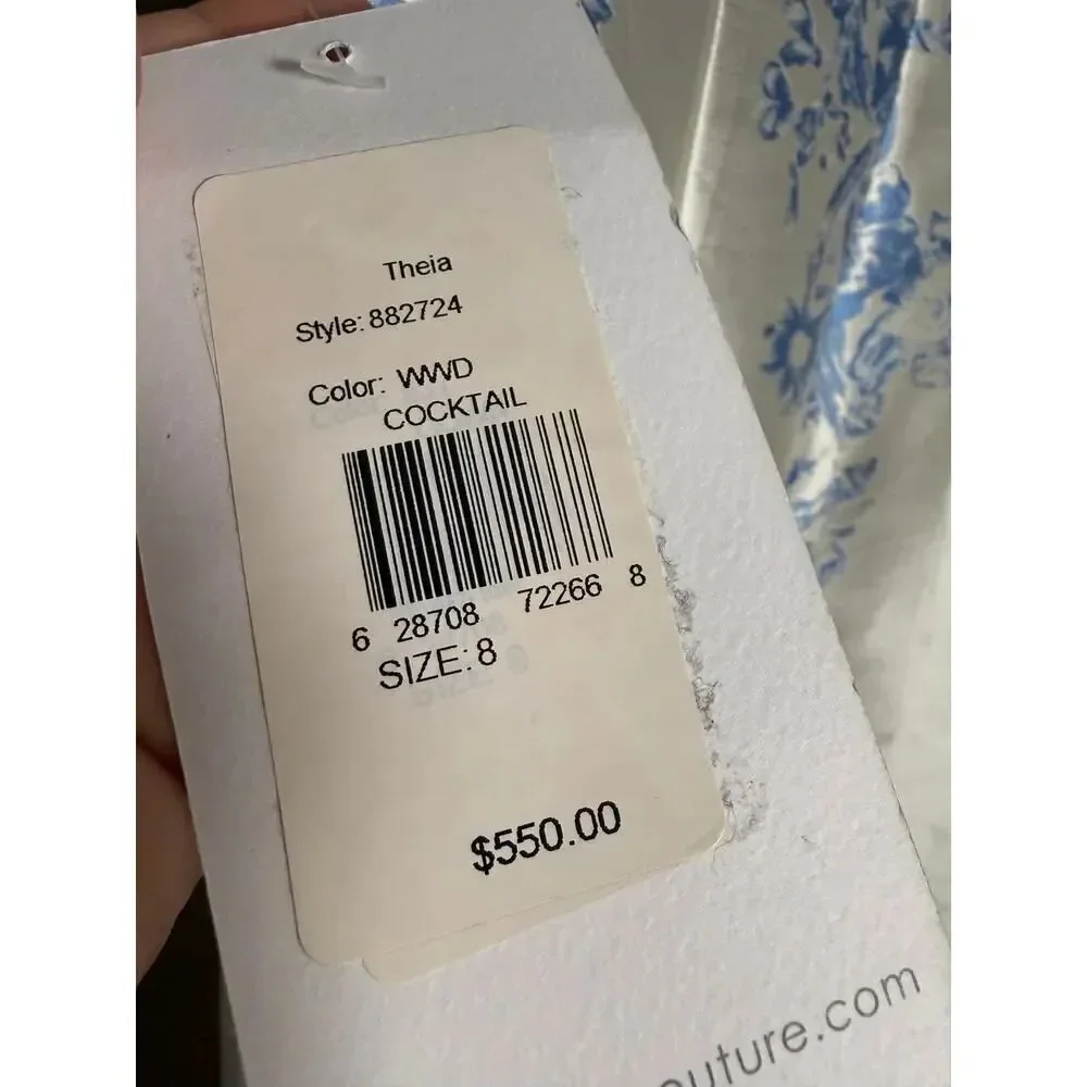 NWT Theia White Blue Floral Cocktail Dress Women's Sz. 8